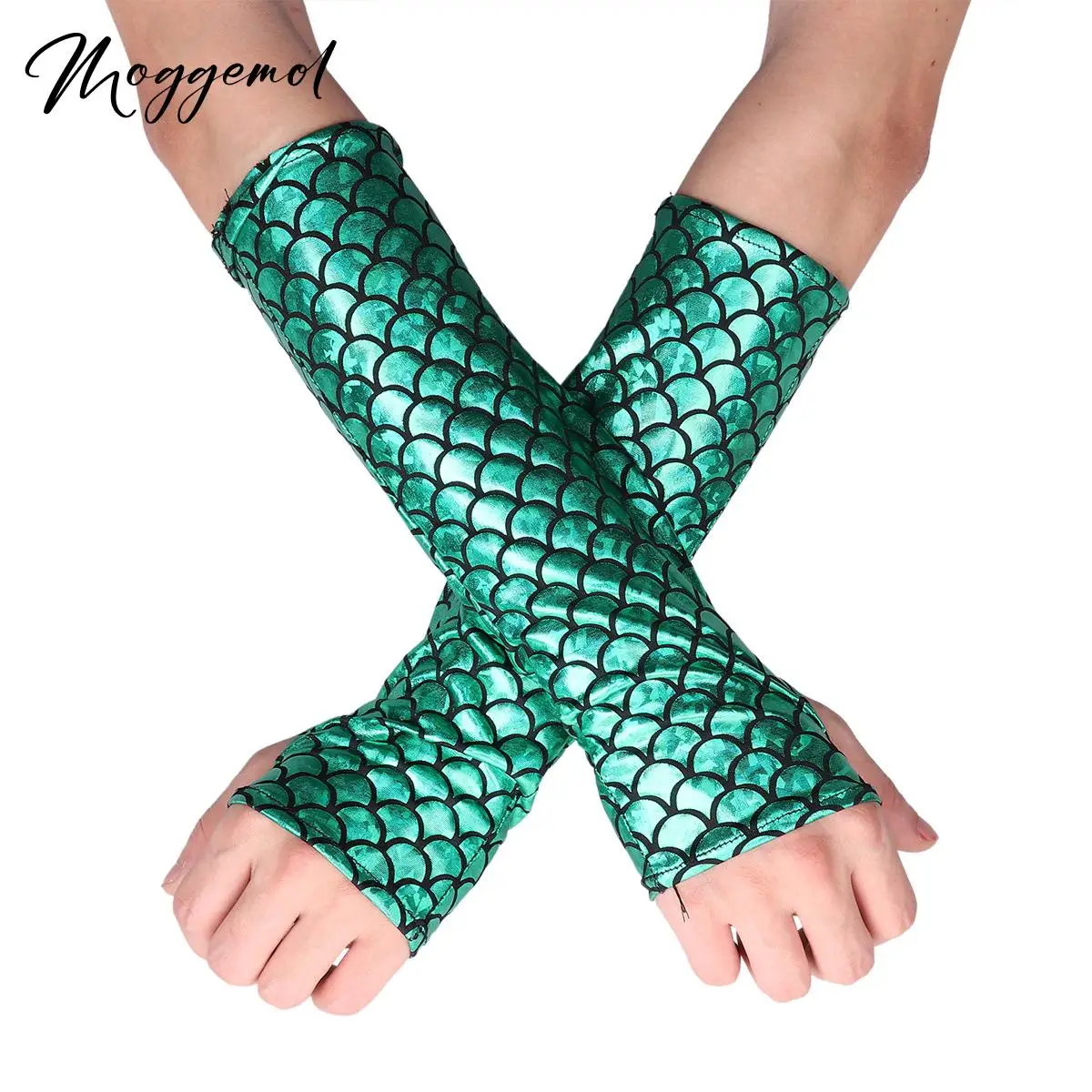 Guantes largos sin dedos para mujer, manoplas de sirena, escamas de pescado, Mangas de brazo, vestido de lujo, accesorio de disfraces de rendimiento para Festival