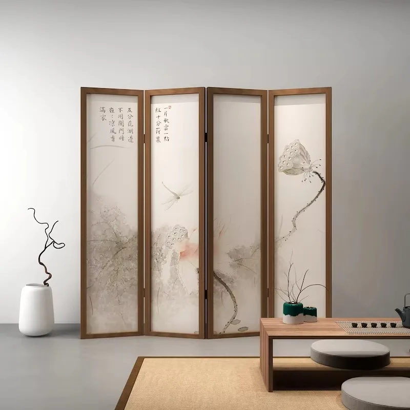 New Chinese screen partition living room bedroom hotel shelter household solid wood semi-transparent yarn lotus decoration mobil