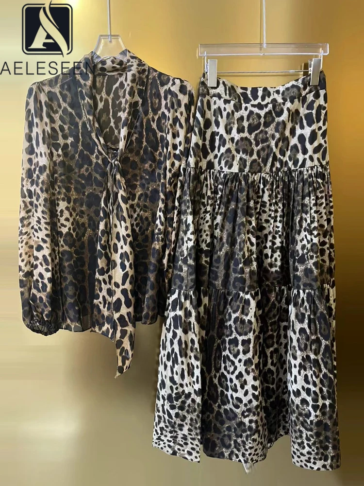 

AELESEEN High Quality Women Leopard Set Sesigner Fashion 100% Silk Bow Blouse + Pure Cotton Long Skirt Elegant Vintage Set