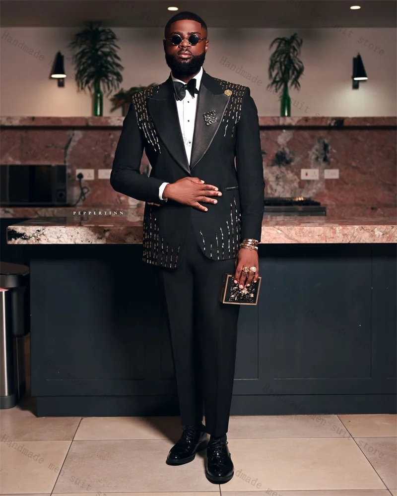 

Black Luxury Crystals Men Suits Set 2 Pieces Blazer+Pants Trousers Wedding Tuxedos Jacket Formal Office Customized Male Coat