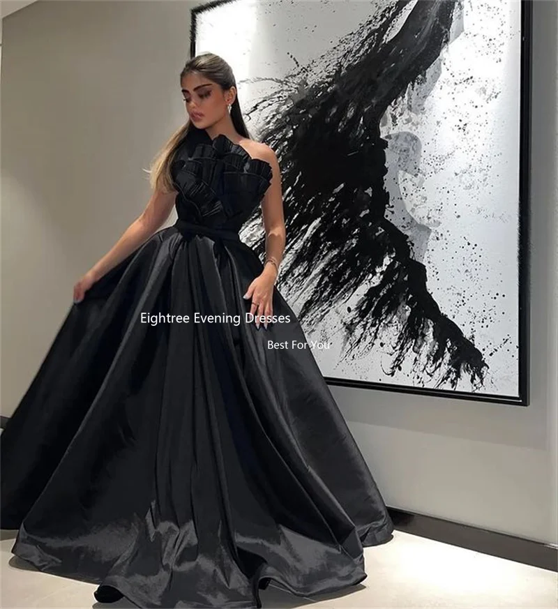 Eighree gaun Prom Formal Arab Saudi gaun malam panjang cantik jubah tanpa tali lipatan ruffle hitam putri duyung antik