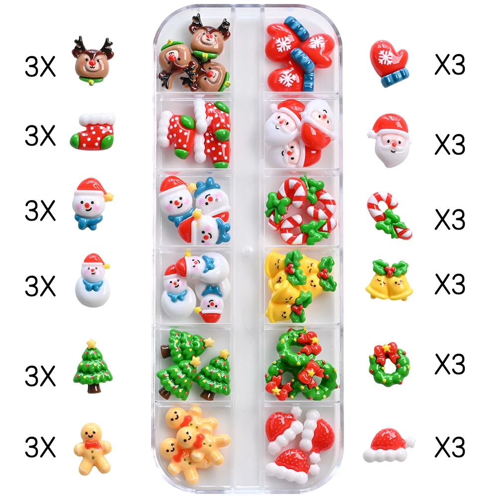 36 unids/caja de dibujos animados de la serie navideña, dijes para uñas, árbol de Navidad 3D, sombrero de muñeco de nieve, campana, decoraciones para uñas de Reno, accesorios festivos