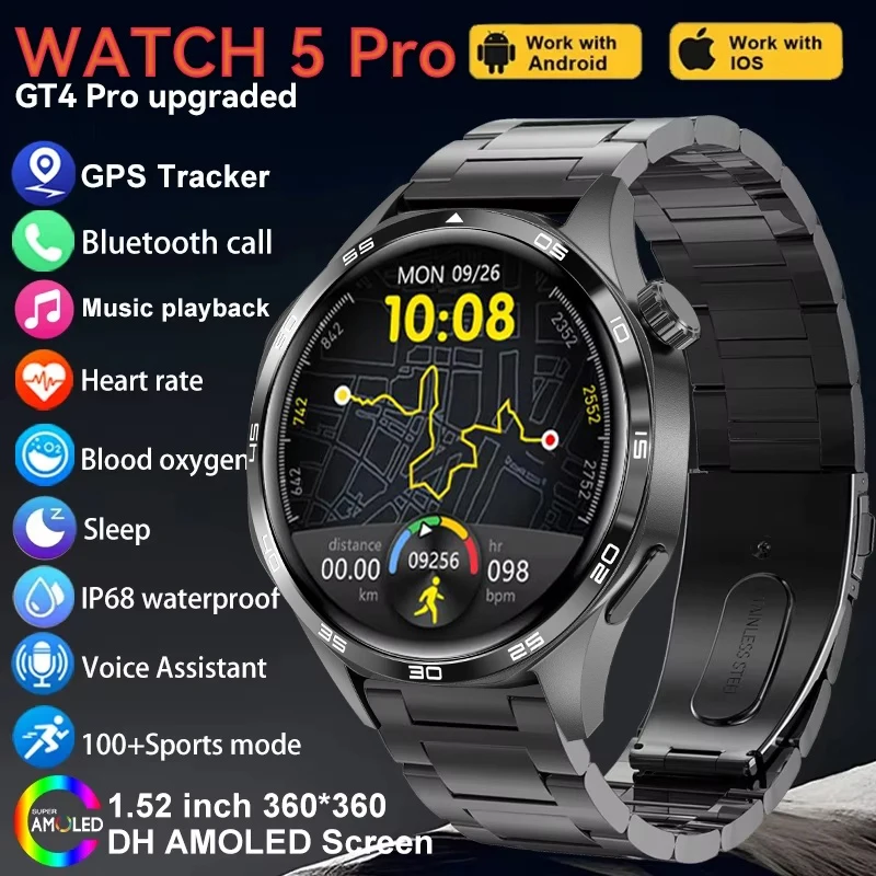 GT5 PRO Smart Watch Men Watch 5 Pro AMOLED HD Screen Bluetooth Call GPS Trajectory NFC Heart Rate Compass SmartWatches 2024 New