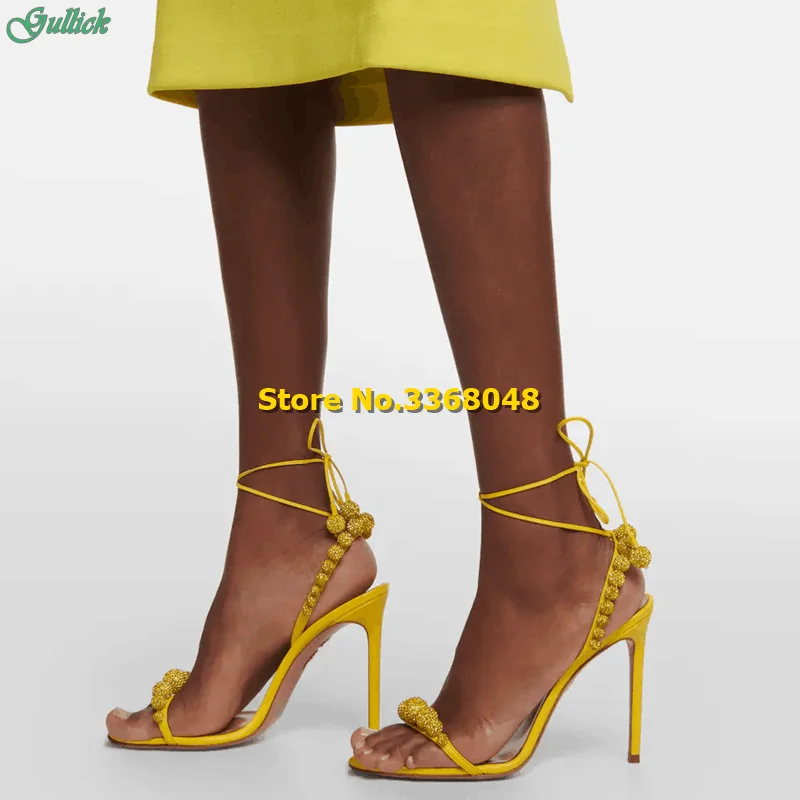 Sparkle Crystal Ball Lace Up Sandals Stiletto Thin High Heel Yellow Orange Open Toe Strap Fashion 2024 New Arrivals Shoes