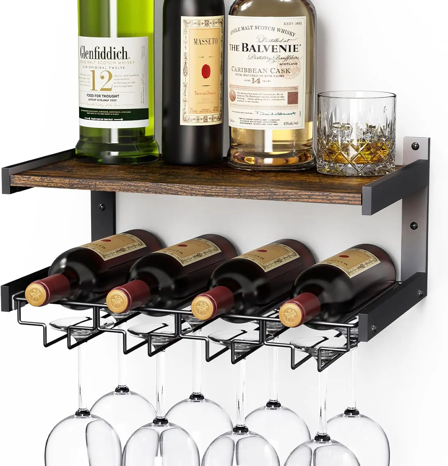 

Настенная винная полка промышленного дизайна с держателем для бокалов, вмещает 7 бутылок и 8 бокалов, коричневая