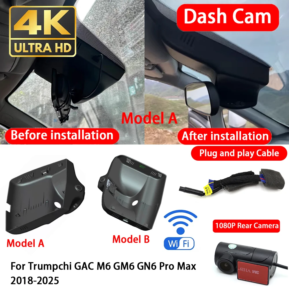 for Trumpchi GAC M6 GM6 GN6 Pro Max 2018-2025 4K 2160P Dash Cam Front Rear Car Camera DVR Wifi Plug & Play Video Recorder