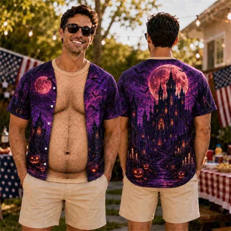 Horror Halloween Haunted House Mens T-shirts 3d Print Fake Muscle Short Sleeve Tees Casual Holiday Party Summer Costume Gifts