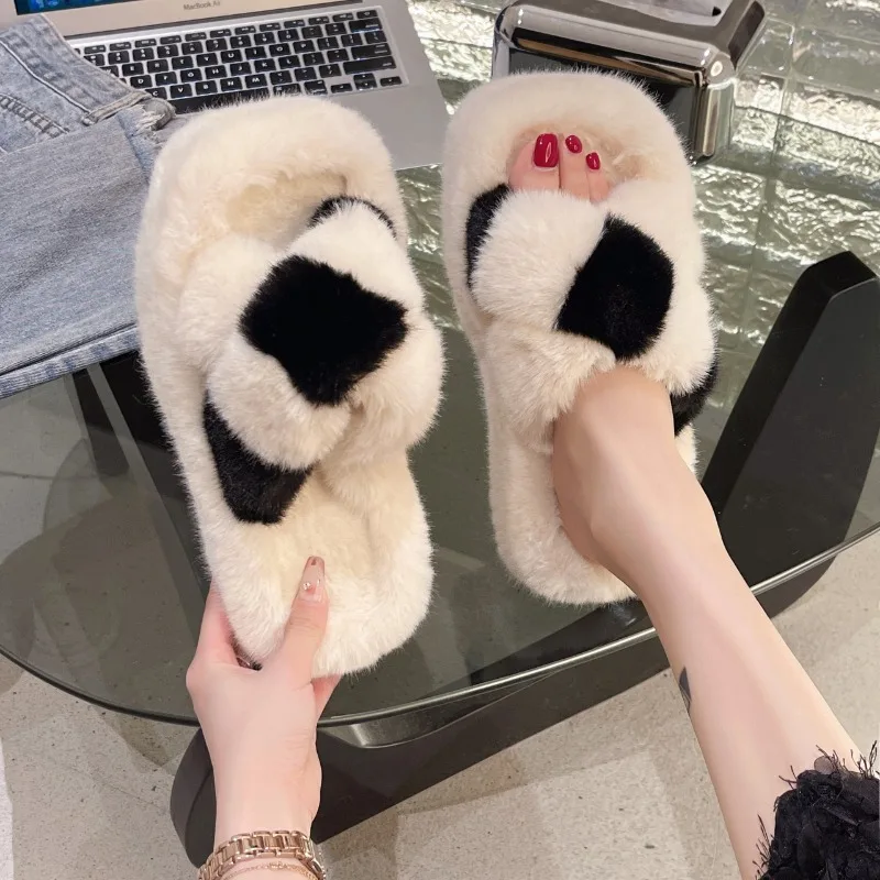 New Winter Women's Square Open Toe Comfortable Color Blocking High Heel Cotton Slippers Women Vintage Fashionable Cotton Slipper