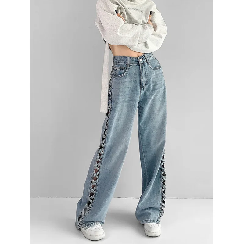 The New Summer Design Sense of Side Woven Hollow-out Wide-leg Jeans Women's Fashion High Waist Loose Slimming Slouches Jeans