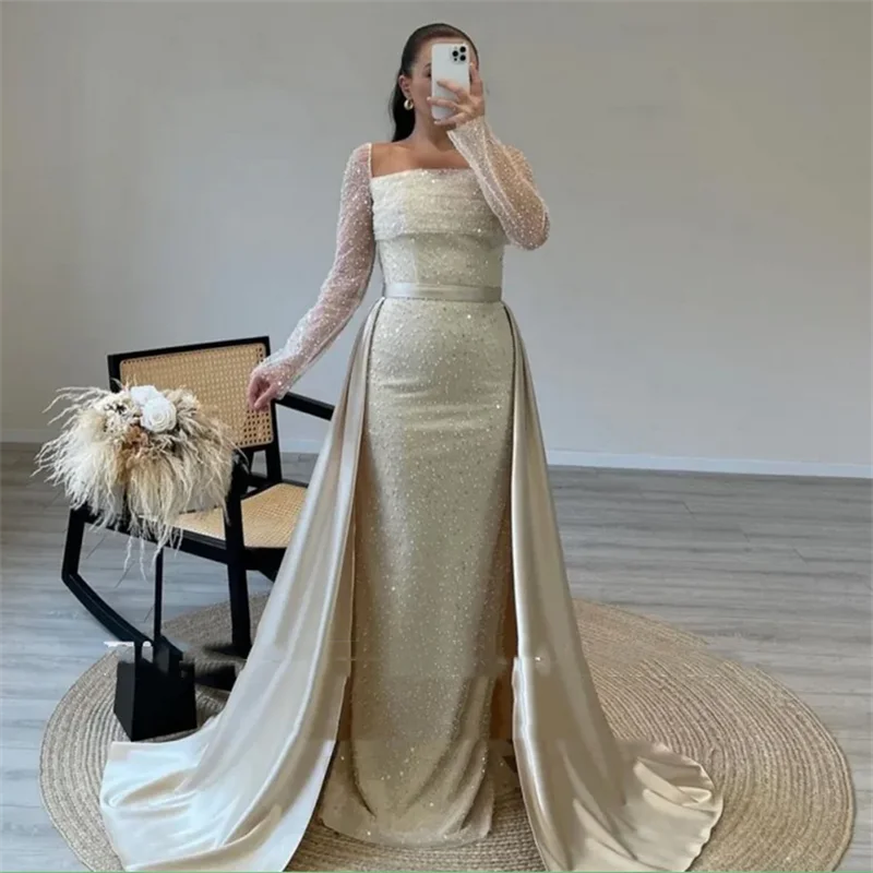 Luxuriöse Abendkleider Robes De Soirée, trägerlos, mit Pailletten, individuell gestaltet, lange Ärmel, lila, elegantes Abendkleid, Hochzeitsfeier