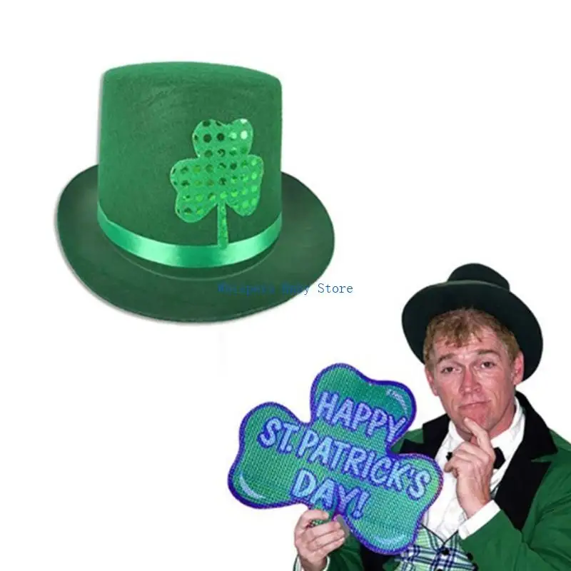 U90E BuckleBelt Green Hat Sequins Shamrock Hat StPatrick Day Costume Decors