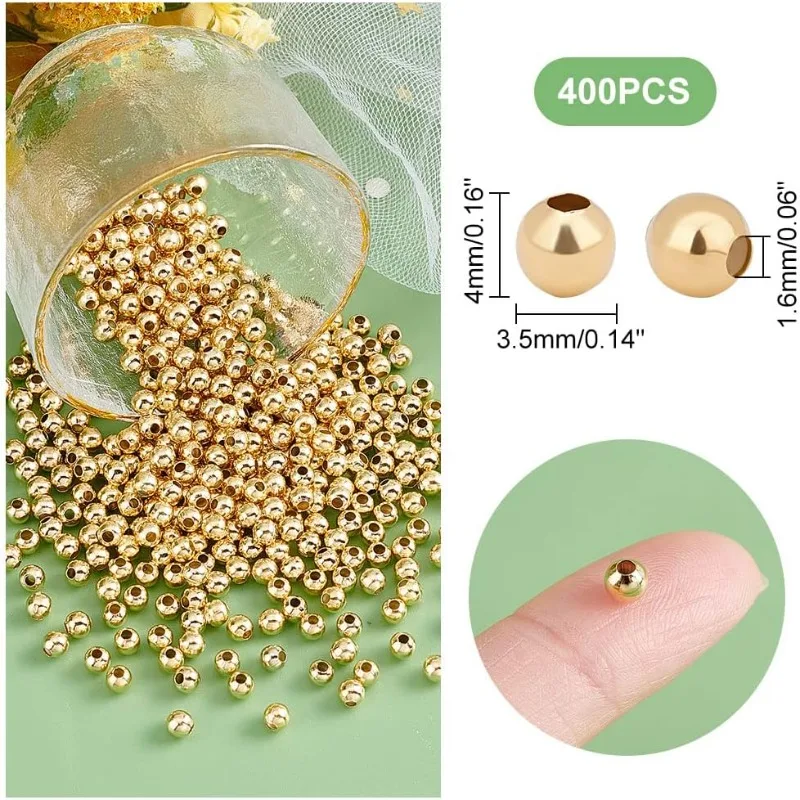 400pcs 4mm Golden Round Spacer Beads 304 Stainless Steel Loose Beads Rondelle Small Hole Spacer Bead Smooth Beads Finding