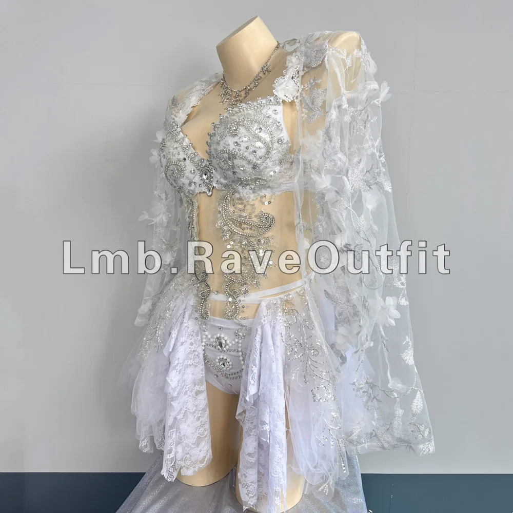 Luksusowy, błyszczący, diamentowy strój rave z elektrycznymi elementami, bikini, tiulowa spódniczka, strój dla tancerki, seksowny strój sceniczny, ubranie na urodziny.