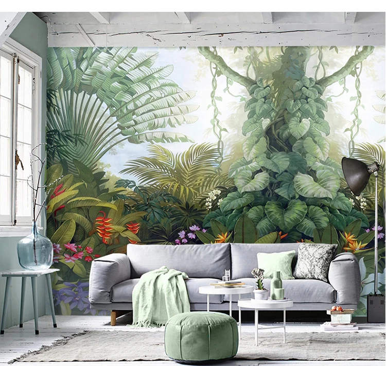 

custom 3D personalized bedroom background wall American style living room mural Tropical rain forest Botany wallpaper green leaf