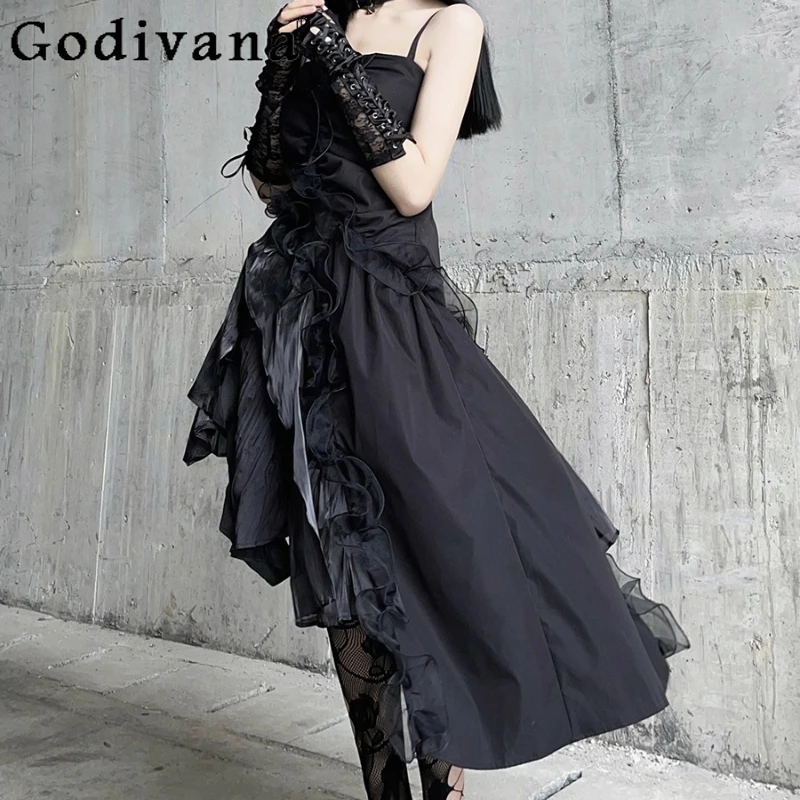 

Black Irregular Strap Dress for Female Gothic Style Black Halloween Dress Women's Birthday Party Christmas Costume with Socks