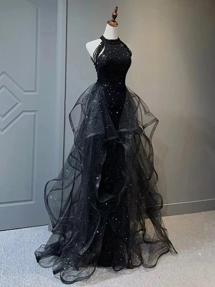 Shiny Black Evening Dress Luxury Sequins Formal Banquet Gown Elegant Hanging Neck Beaded Tassel  Tulle Ruffles Host Vestidos