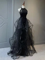 Shiny Black Evening Dress Luxury Sequins Formal Banquet Gown Elegant Hanging Neck Beaded Tassel  Tulle Ruffles Host Vestidos