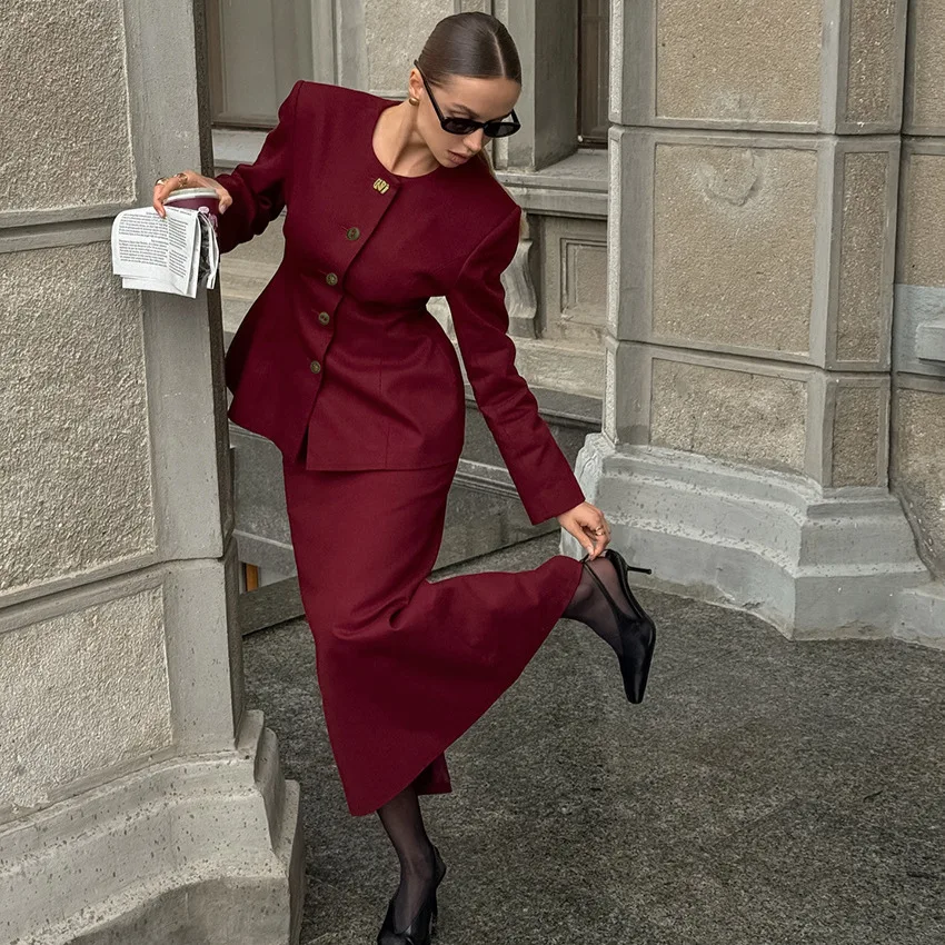 2025年新デザインセンス ウエストシェイプ ラウンドネック 長袖 スーツジャケット ツーピースセット ファッション 多用途 レディース ワインレッド