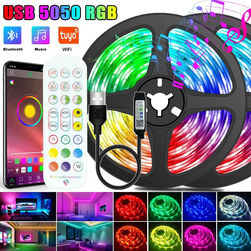 Lampu setrip LED USB RGB 1-30m, lampu setrip LED 5050 LED, lampu setrip musik cerdas Tuya WiFi App Speake warna-warni untuk lampu latar TV