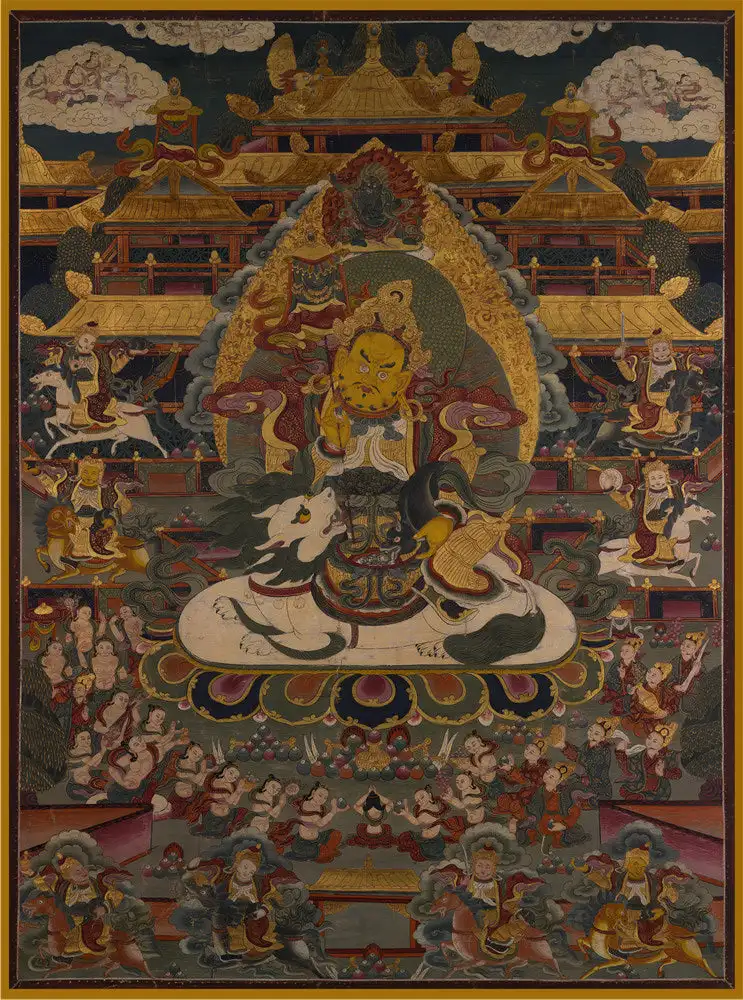 

Yellow Jambhala Thangka (13th Century Old Version),Gandhanra Tibetan Buddhist Thangka Art,Giclee Printed and Hand Framed,47"×32"