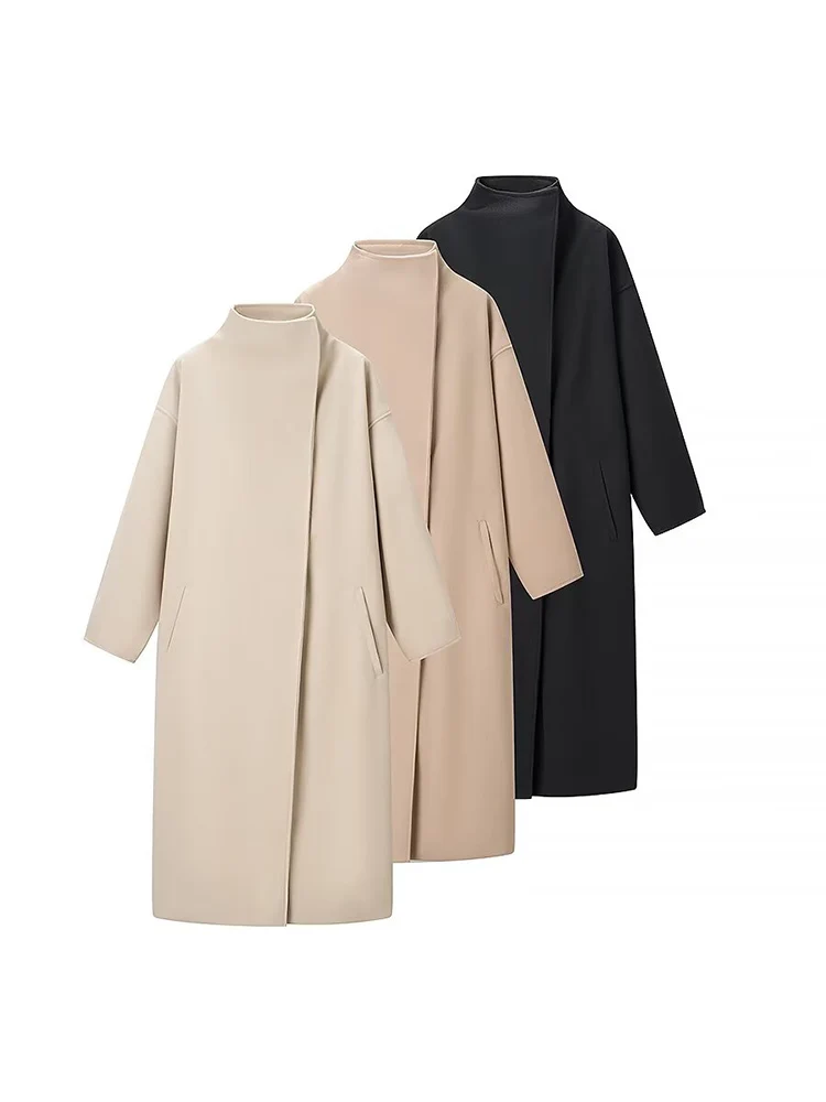 

New European-style women's fashion coat, versatile and elegant, featuring a hidden button closure and a stand-up collar.