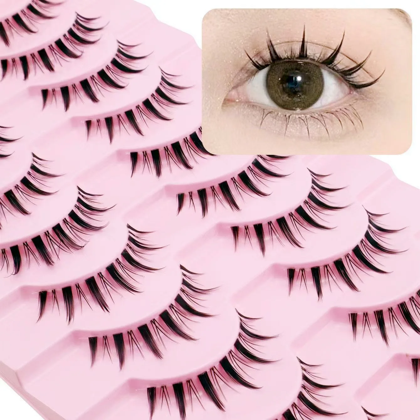 10 pairs of cartoon-style spiky anime eyelashes in a natural look. Perfect for beginner makeup, suitable for daily date occasion
