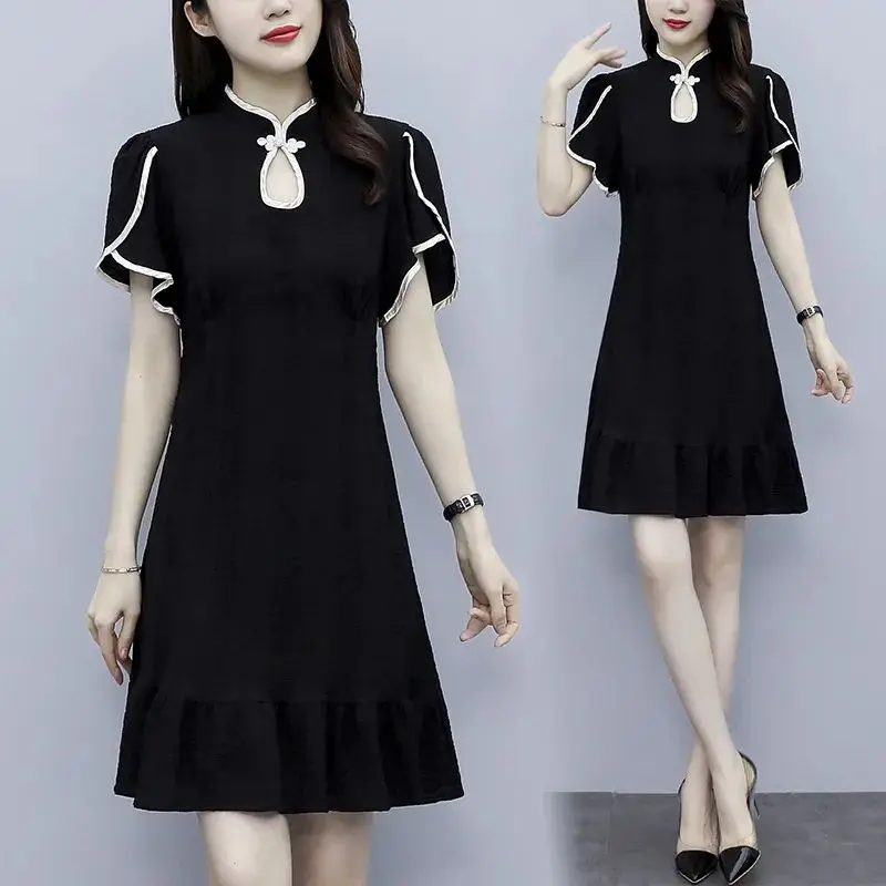 Elegante Stehkragen Taste Einfarbig Rüschen Party Kleid Weibliche Kleidung 2025, Sommer Neue Lose Alle-spiel Vintage kleid