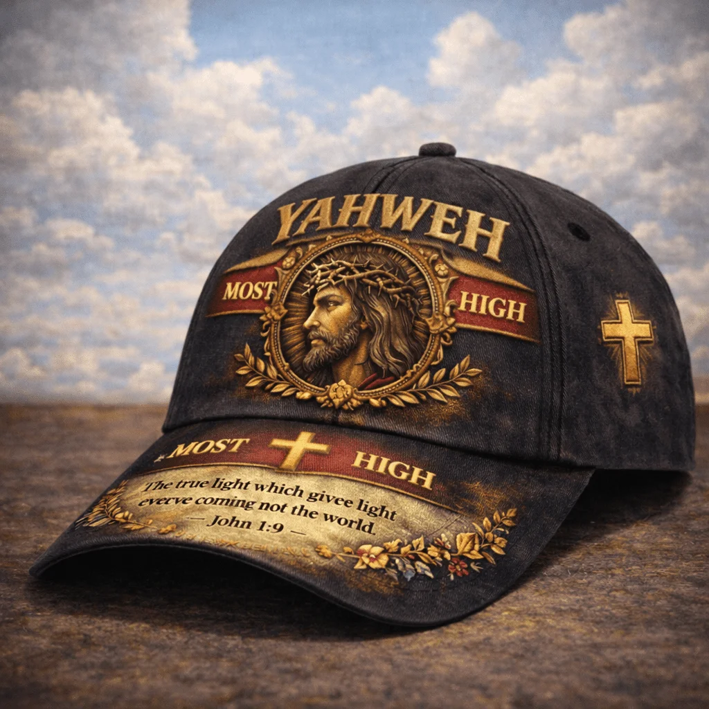 Christian Religious Baseball Cap with Jesus Portrait & Cross - John 1:9 Scripture Verse, Yahweh Most High - Unisex Adjustable