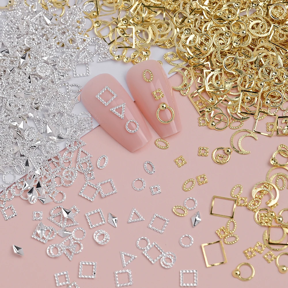 200pcs Star Moon Triangle Frame Alloy Nail Charm 3D Geometric Glitter Rhinestones Nail Decor Mixed Metallic Manicure Accessories