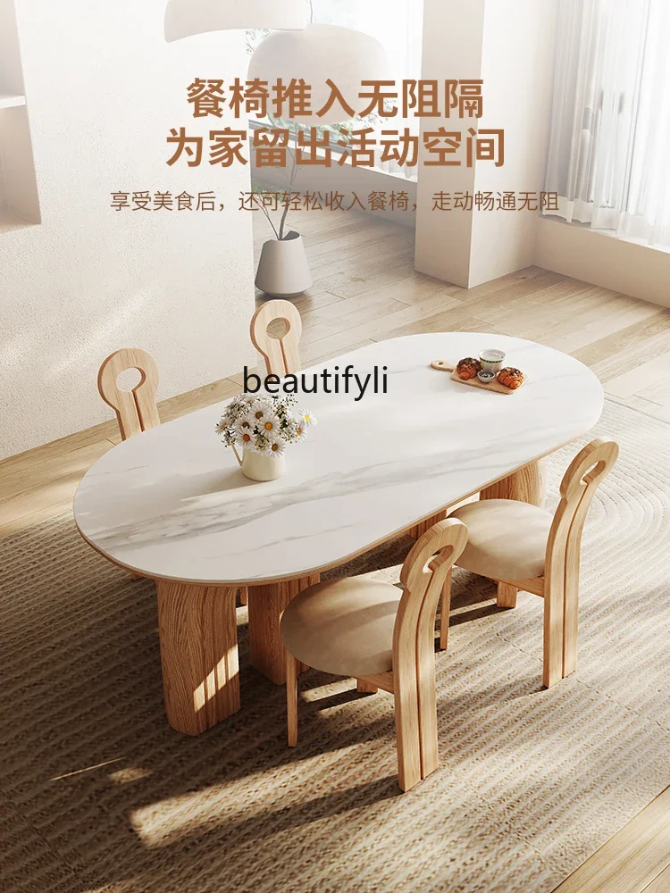 Japanese cream style solid wood dining table modern simple small apartment household oval rock slab dining table