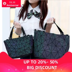 HOT Luminous Bag Women Geometry Tote Quilted Shoulder Crossbody Hologram Laser Plain Folding Handbags Geometric Large Capacity