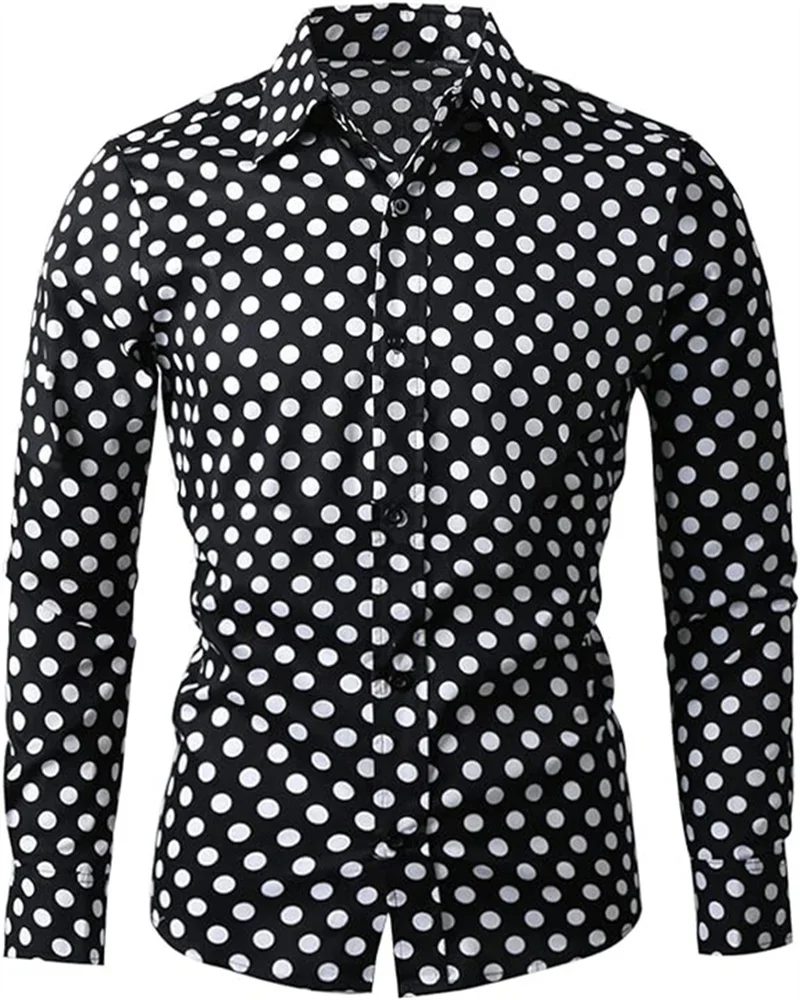 Men Long Sleeve Button‑Up Shirt Black Base White Polka Dot Retro Casual Party Tops