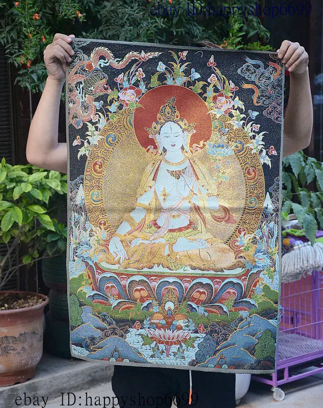 

36" Tibet Buddhism Silk Cloth White Tara 7 Eyes Thangka Painting Mural 11