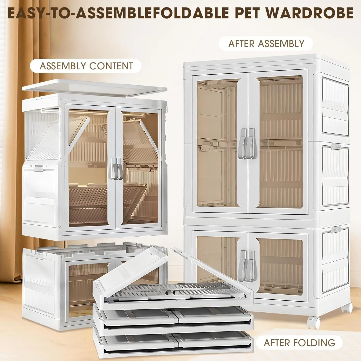 Pet Clothing Storage Cabinet with Hanging Rod Foldable Plastic Storage Bin 2-Tier Dog Clothes Organizer for Small Pets Lightw - view 4