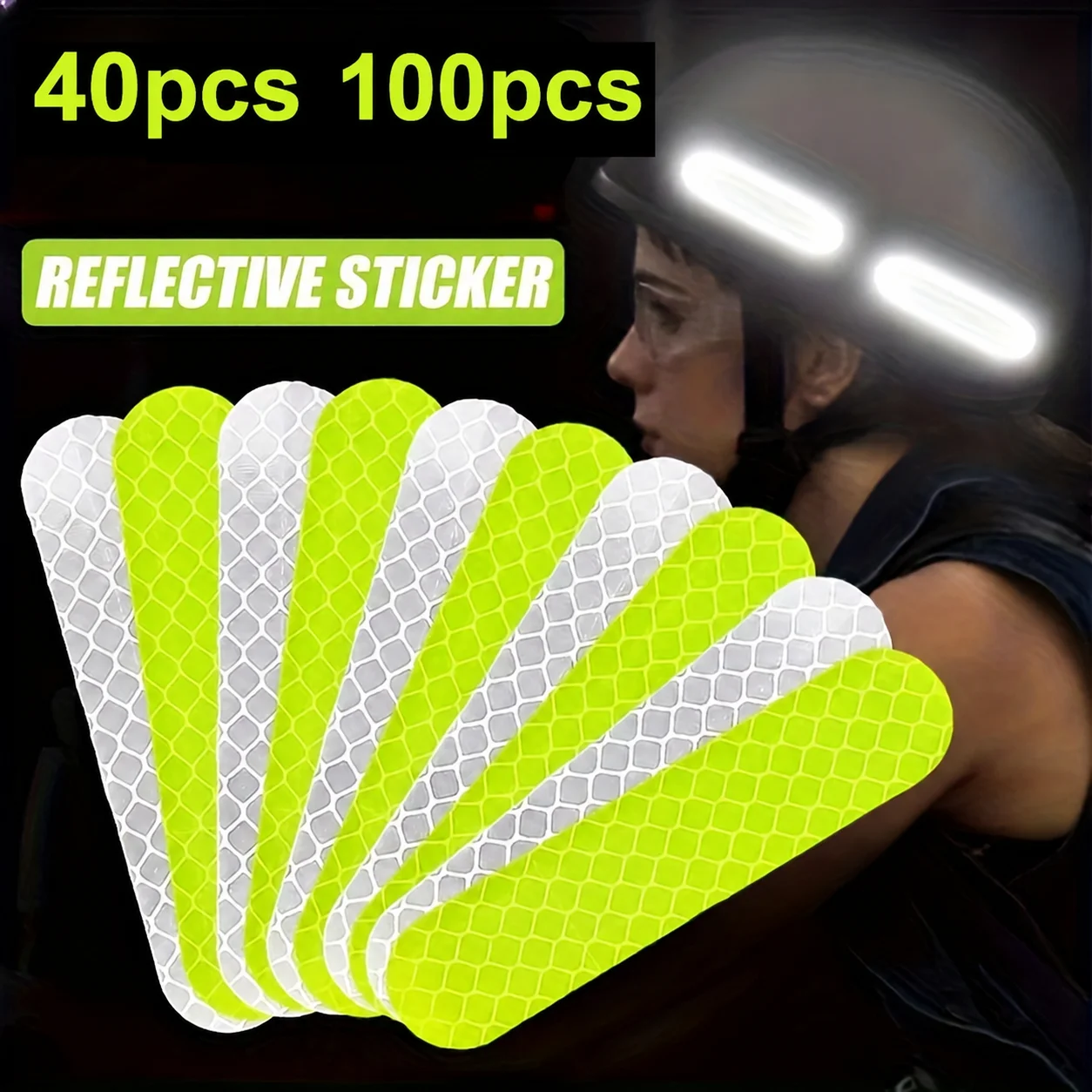 40Pcs Reflective Stickers Silver Green PVC Self Adhesive Warning Strips for Bicycle Helmet Motorcycle Scooter Outdoor Riding