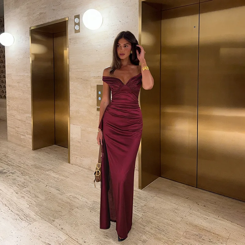 

YL26072 New Niche Low-cut Sexy Burgundy Evening Dress Satin Off-shoulder Dress