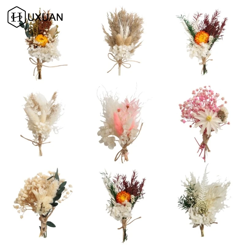 1pc Mini Natural Dry Flowers Bouquet Boutonnieres Groomsmen Buttonholes Bridesmaid Flower Corsage Brooch Christmas Wedding Decor