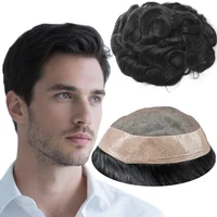 Tupé para hombres, Mono fino ondulado, peluquín para hombres, sistema de reemplazo de cabello humano, prótesis capilar, unidades de cabello negro Natural # 1B