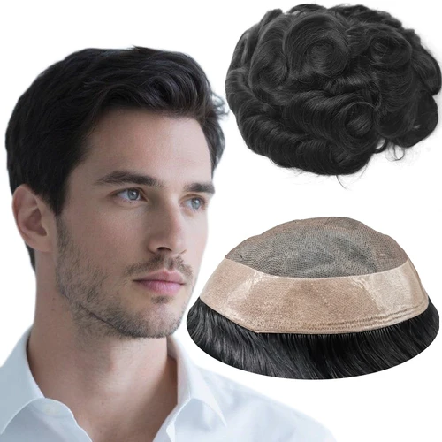 Tupé para hombres, Mono fino ondulado, peluquín para hombres, sistema de reemplazo de cabello humano, prótesis capilar, unidades de cabello negro Natural # 1B