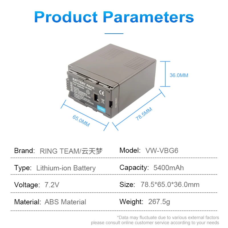 Batería de VW-VBG6 VWVBG6 de 5400mAh, para Panasonic, VW-VBG6GK, AG-AC7, AG-AF100, AG-AF105, AG-AC130, AG-AC160, 2 uds.