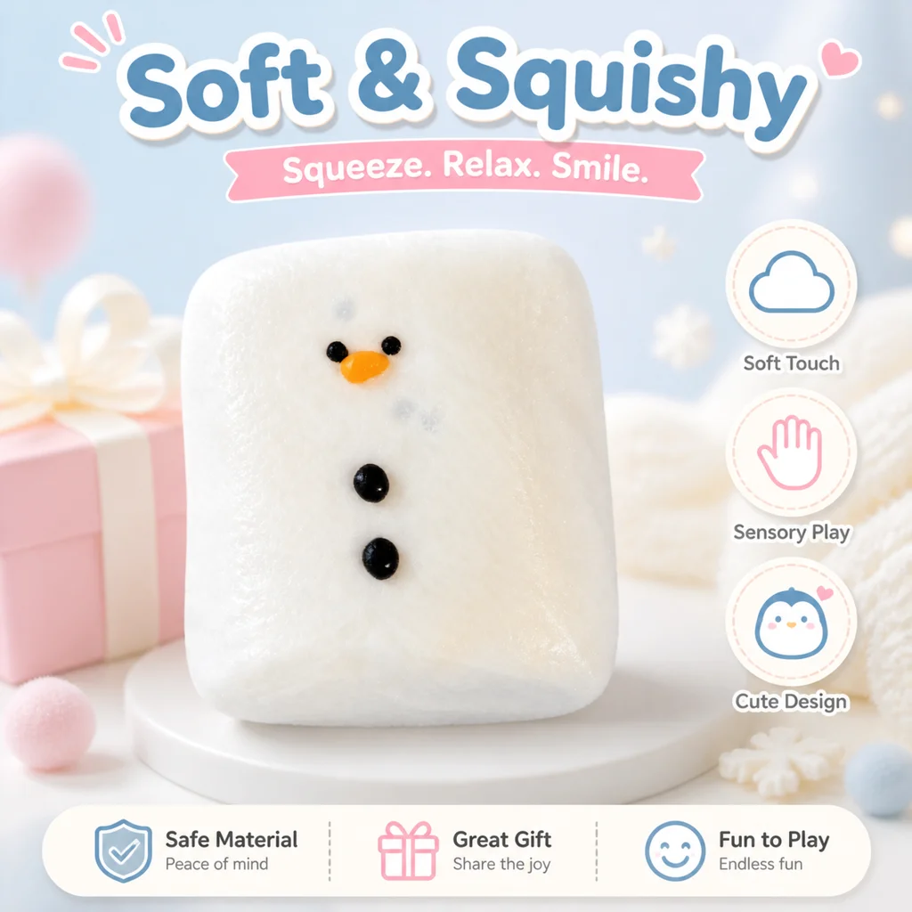 Food Grade Snowman Square Squishy Toy Cute Winter Theme Hand Squeeze Toy Slow Rebound Stress Relief Fidget Toy Soft Sensory Play