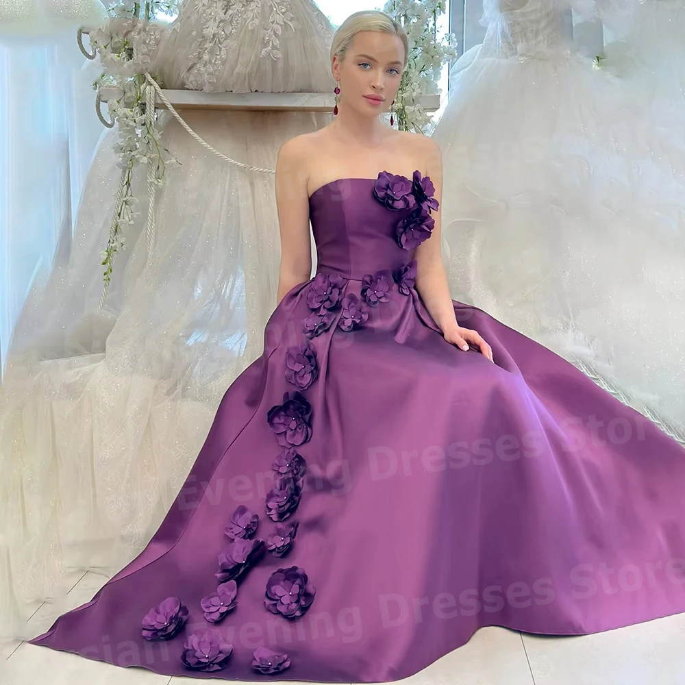 Graceful Women's A Line Strapless Sleeveless 3D Flower Evening Dresses Customized Robe De Soirée Prom Gowns Vestidos Para Mujer