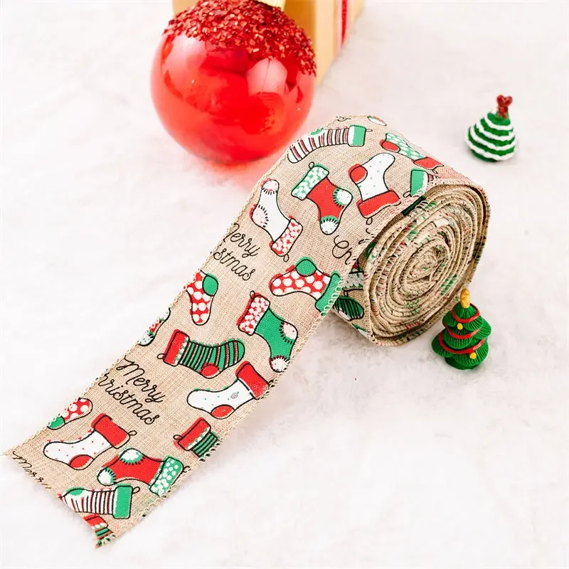 Rollo de cinta de Navidad para embalaje de regalo, rollo de borde de alambre, decoraciones de lino DIY, envoltura para lazos de pelo, lote de ramo Floral, 5M por rollo