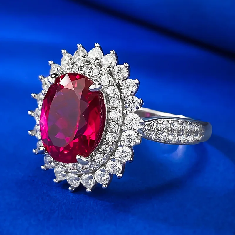 S925 Silver Pigeon Blood Red Simulation  8x10mm Wedding Ring Cluster Elegant Gorgeous Birthday Gift