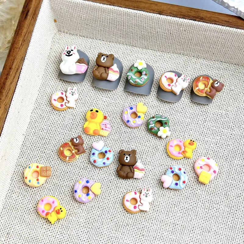 20PCS Cartoon Colored Donuts Resin Nail Art Decorations Painted Animal Cakes Desserts Nail Charms for Making DIY Manicure Crafts