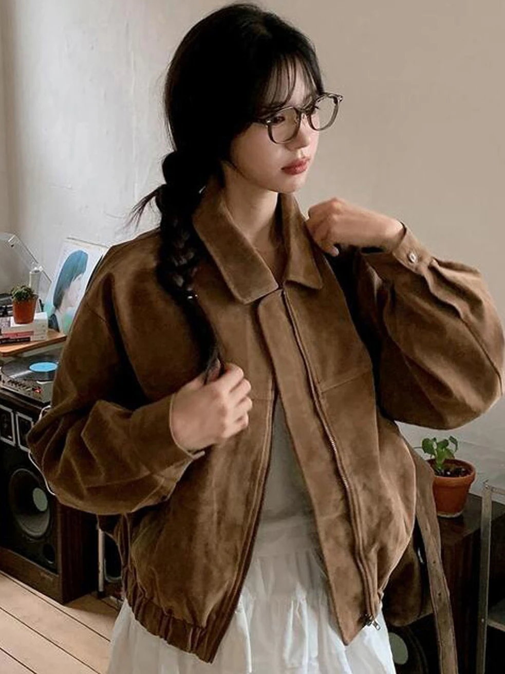 Short Biker Style Women's Jacket Leather Velvet Loose Fit Fashionable Commute Wind Resistant Zipper Closure  Color