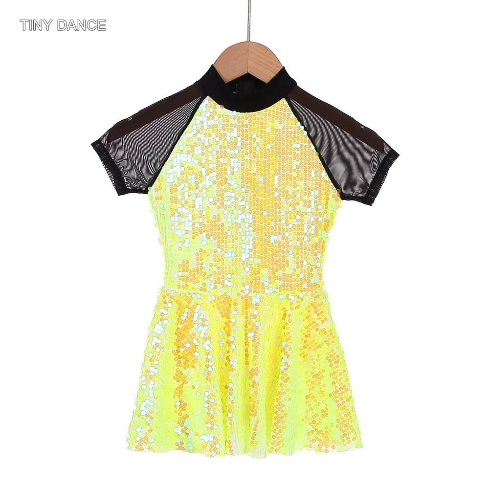 

Лирическое современное платье для девочек и женщин с высоким воротом, желтый балетный костюм из спандекса с пайетками и черными сетчатыми рукавами 25134