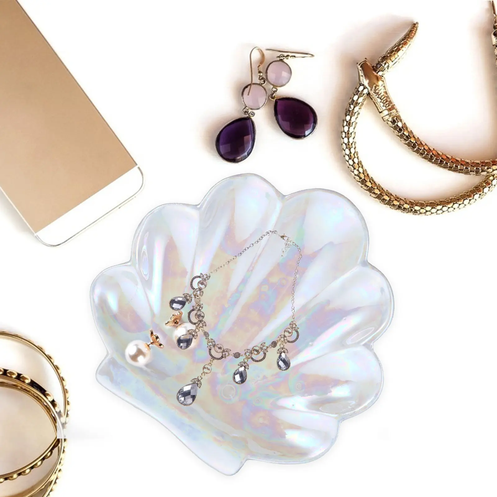 

1Pcs Stylish Shell Inspired Jewelry Display Tray Ceramic Trinket Plate for Earrings Necklaces Rings Lipstick Keys Wedding