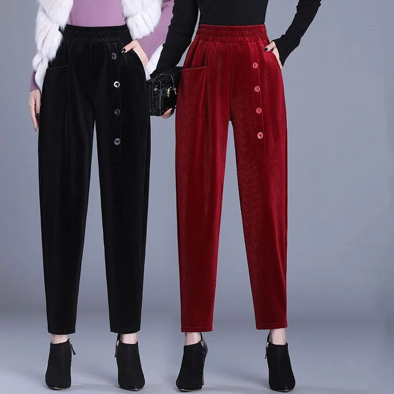 

Simplicity Autumn Winter Corduroy Pants Women Solid Button Pockets Plus Velvet Elastic High Waist Fashion Casual HarenTrousers