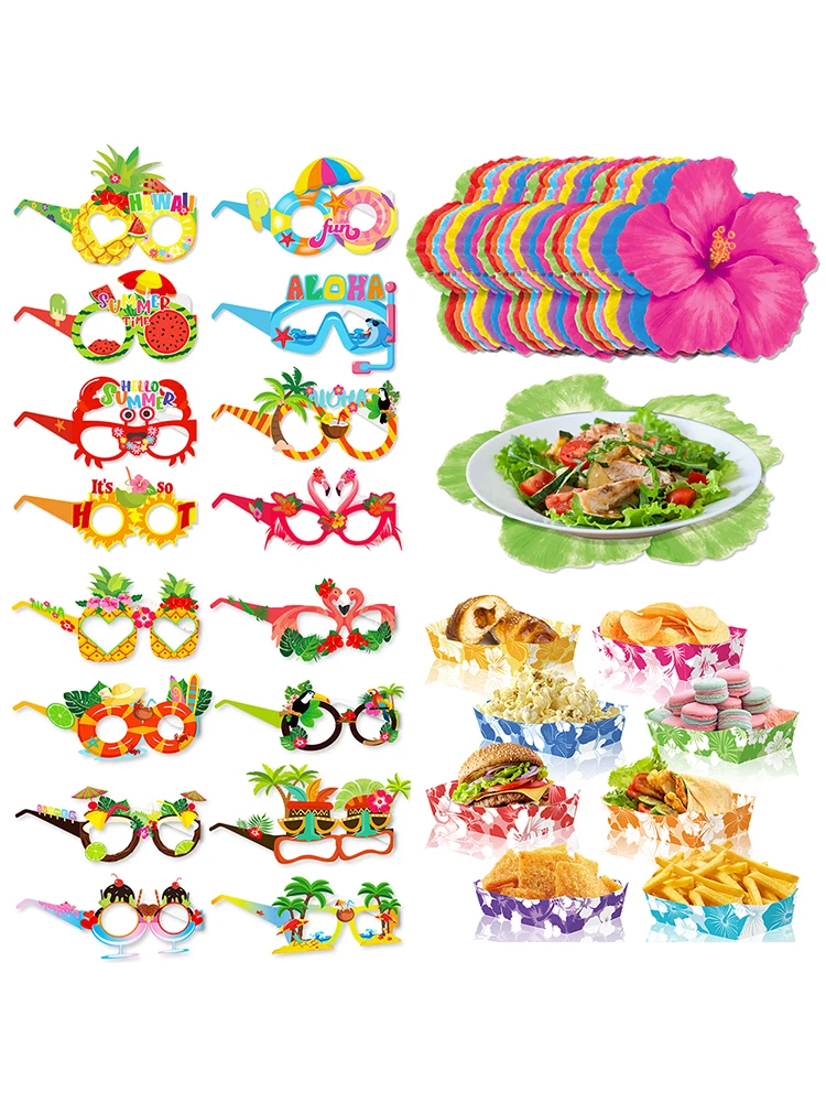 Hawaiianisches Thema, Partygeschenke, Brillen, lustige Sonnenbrille, Requisite, Essen, Tablett, hawaiianische Blumen, Tischset, Strand, Sommerparty-Dekorationen – Detail 1